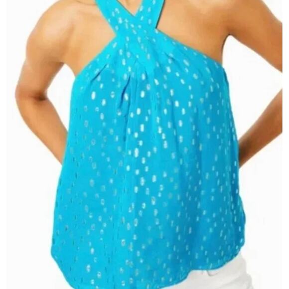 M Lilly Pulitzer Blue Gold Metallic Rory Halter Top - Picture 2 of 5